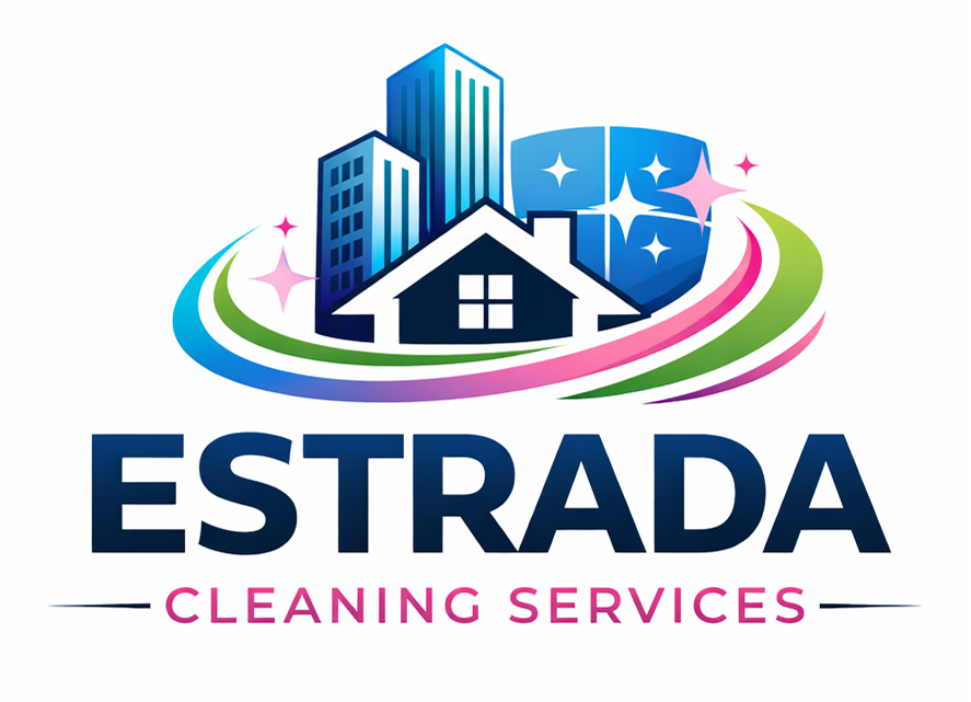 Logo for Estrada Cleaning Services, with buildings, a house, a shield with stars, and colorful swooshes.