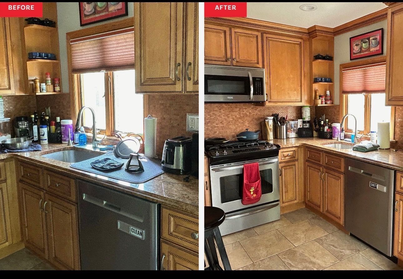 Side-by-side kitchen comparison: Before, cluttered; After, organized with stainless steel appliances.