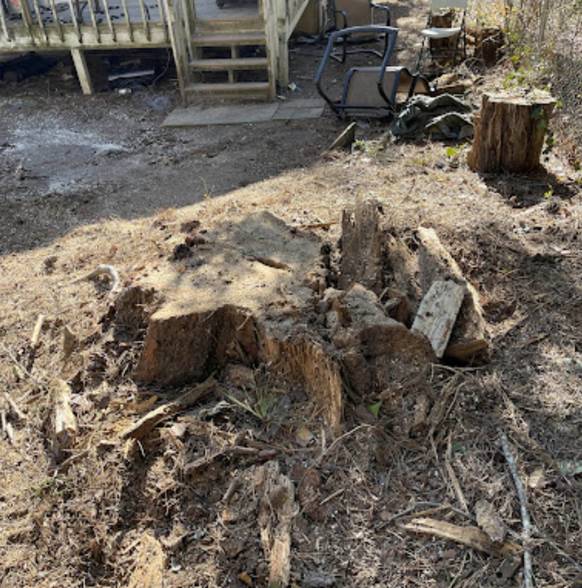 A large tree stump is sitting in the dirt in front of a deck.