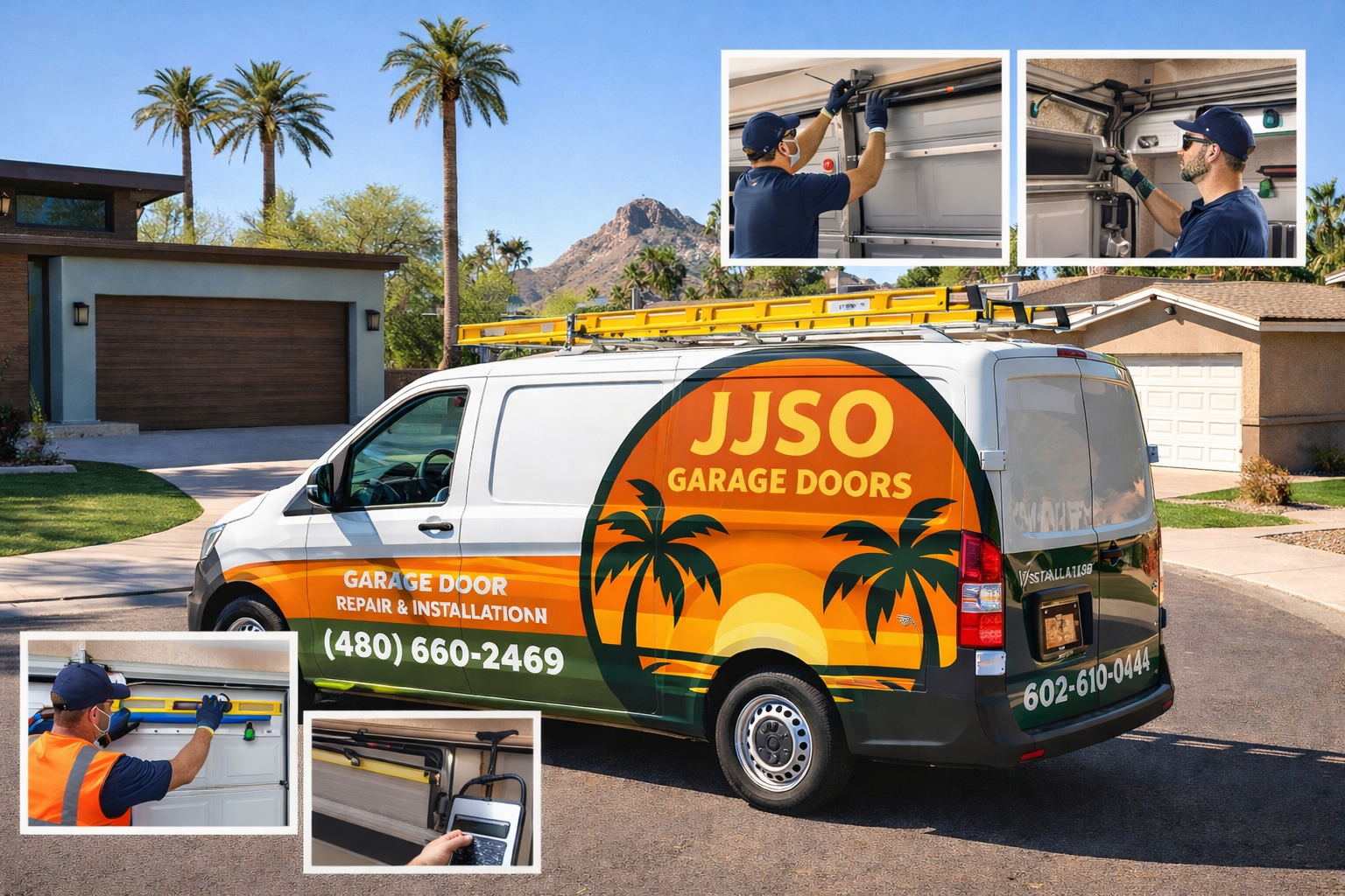 A service van for JJSO Garage Doors parked in a residential area. Workers install garage doors.