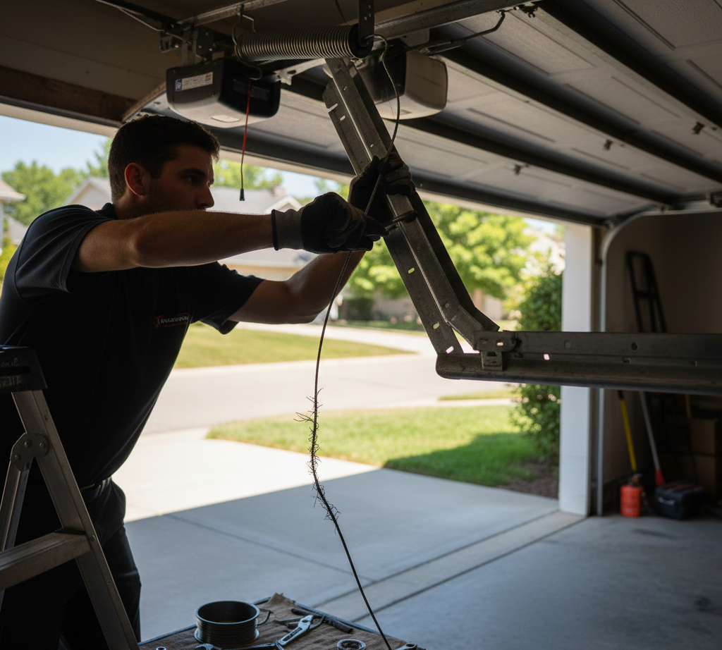 Man repairing a garage door opener, inside a garage, using tools.