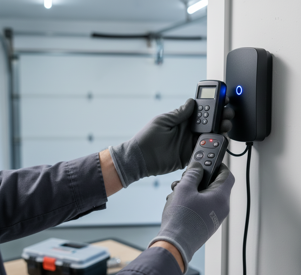 Person in gloves programming a garage door opener using remotes.