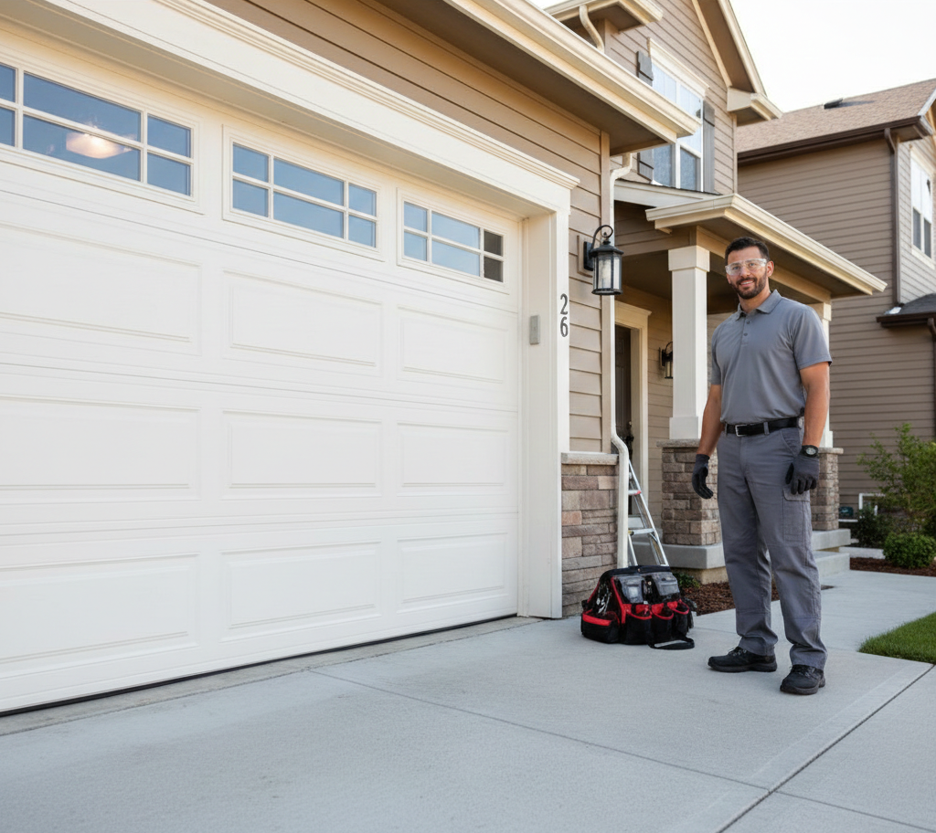Man in work uniform stands beside a garage door, repair tools nearby.