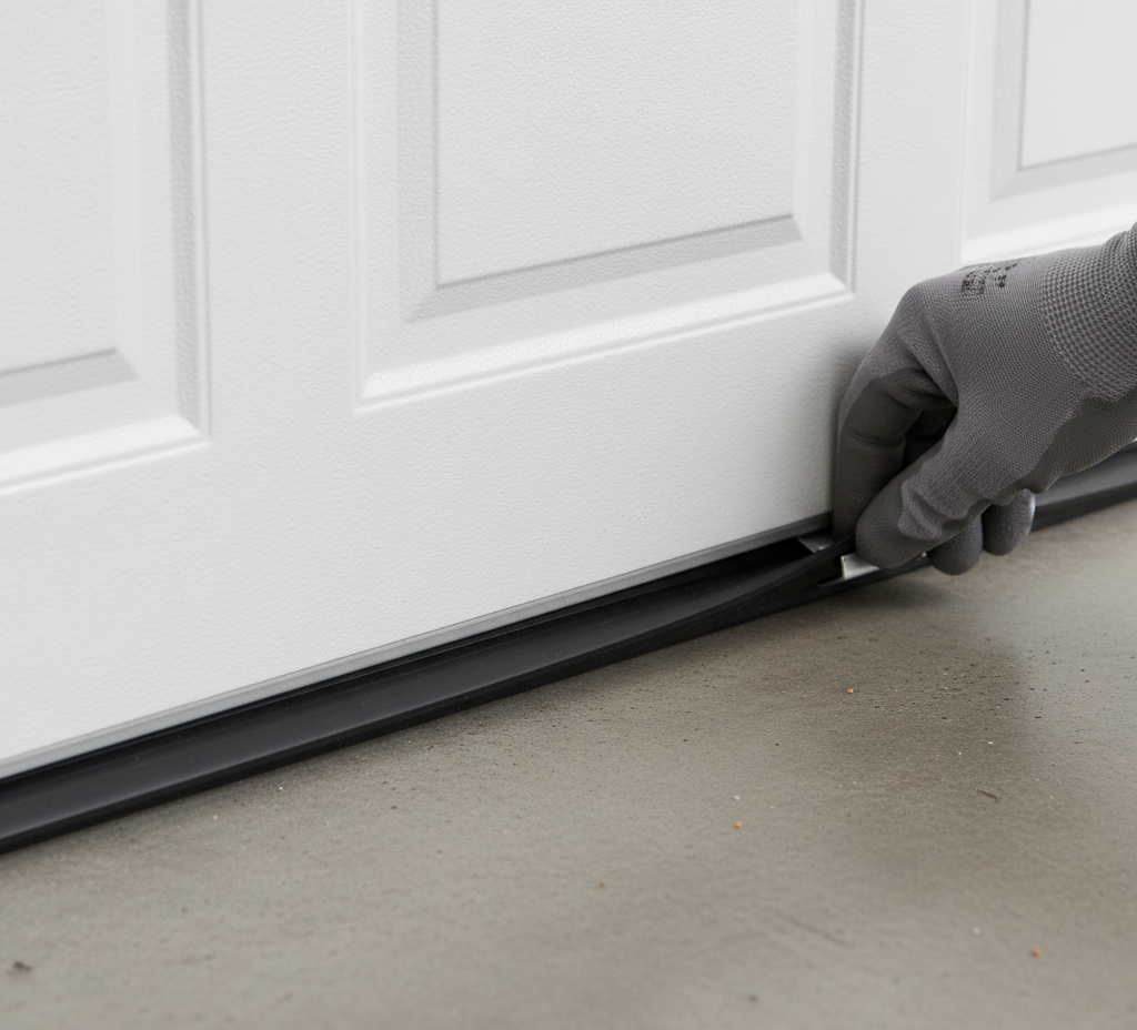 Gloved hand installing black weather seal on the bottom of a white garage door, on a concrete floor.