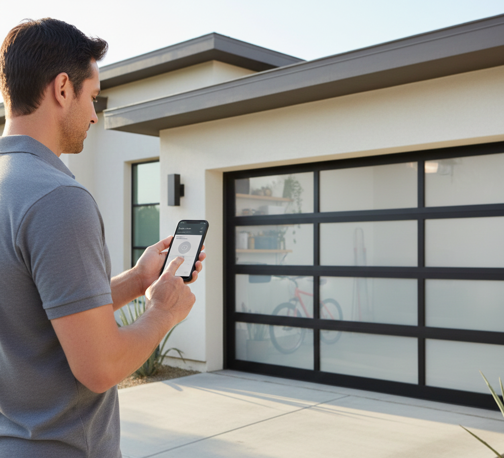 Man using smartphone to open a modern garage door. The door has frosted glass panels.