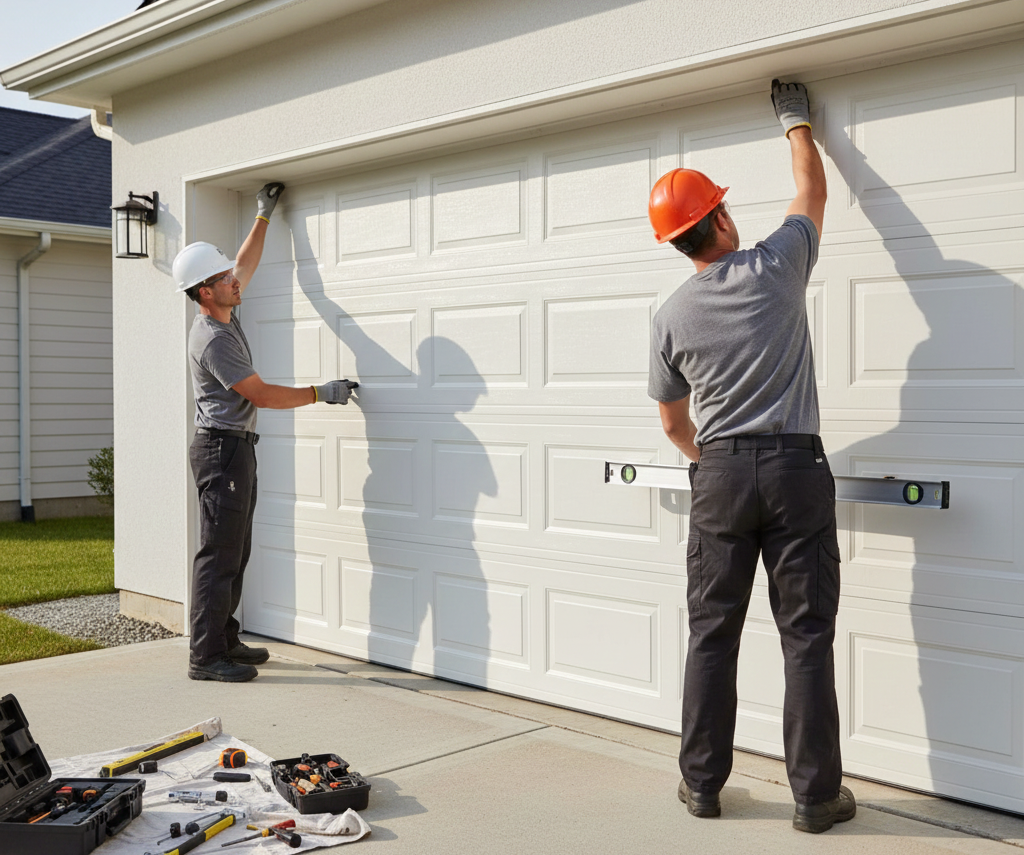 Two workers in work clothes installing a garage door, using a level.