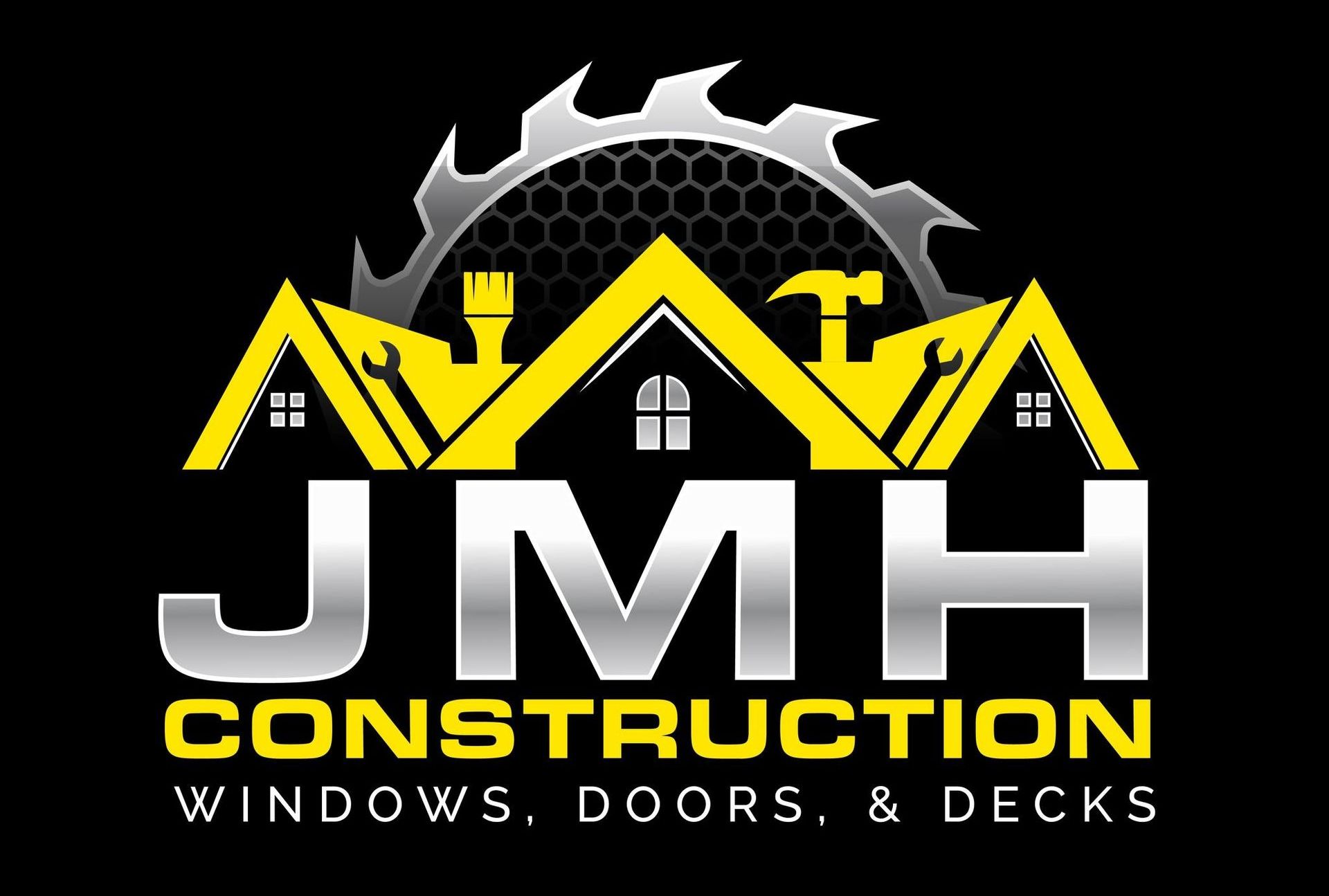 A logo for jmh construction windows , doors , and decks