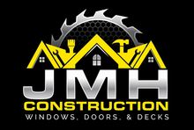 A logo for jmh construction windows , doors , and decks