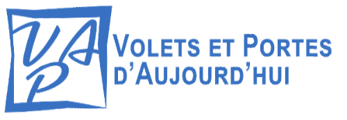A blue and white logo for volets et portes d' aujourd 'hui