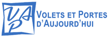 A blue and white logo for volets et portes d' aujourd 'hui