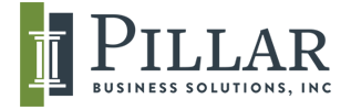Logo for Pillar Business Solutions, Inc: dark gray "PILLAR" text with a column graphic, and green and blue pillars.