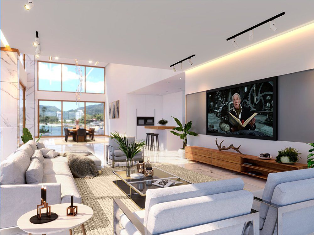 An artist 's impression of a living room with a large flat screen tv.