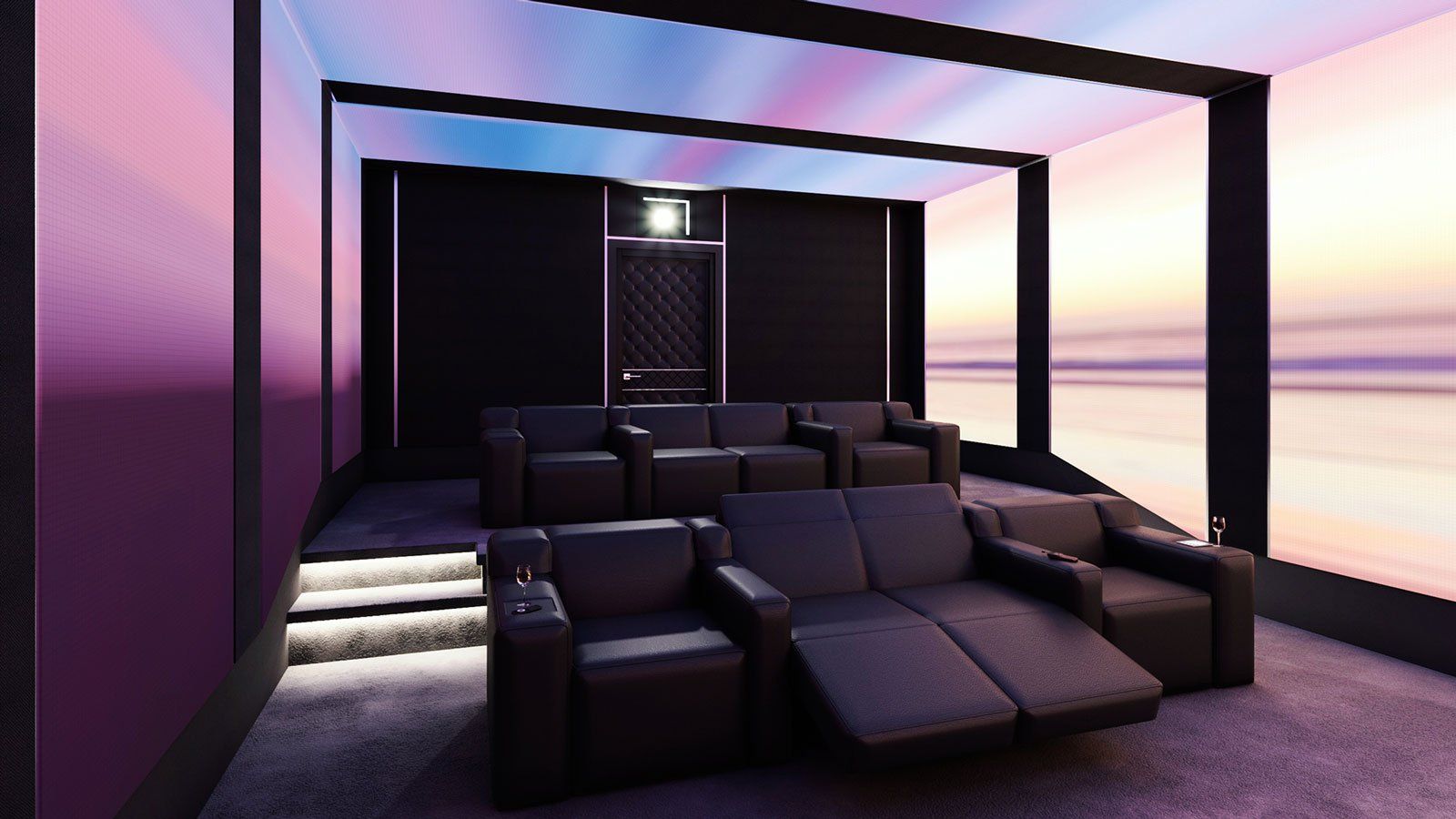 A rendering of a home theater with a couch and chairs