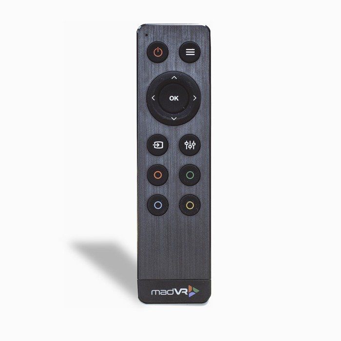 A madvr remote control on a white background