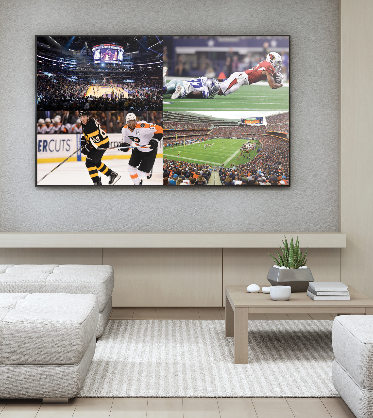 A collage of hockey images hangs on a wall in a living room