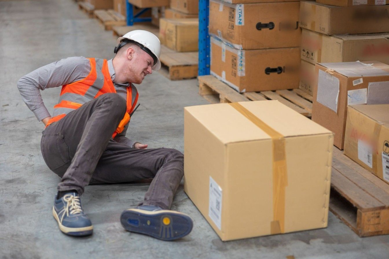 A man is sitting on the floor in a warehouse next to a cardboard box.
