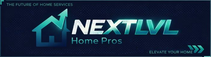 NEXTLVL Home Pros logo on dark blue background with teal house icon and &ldquo;Upgrade Your Home&rdquo; tagline