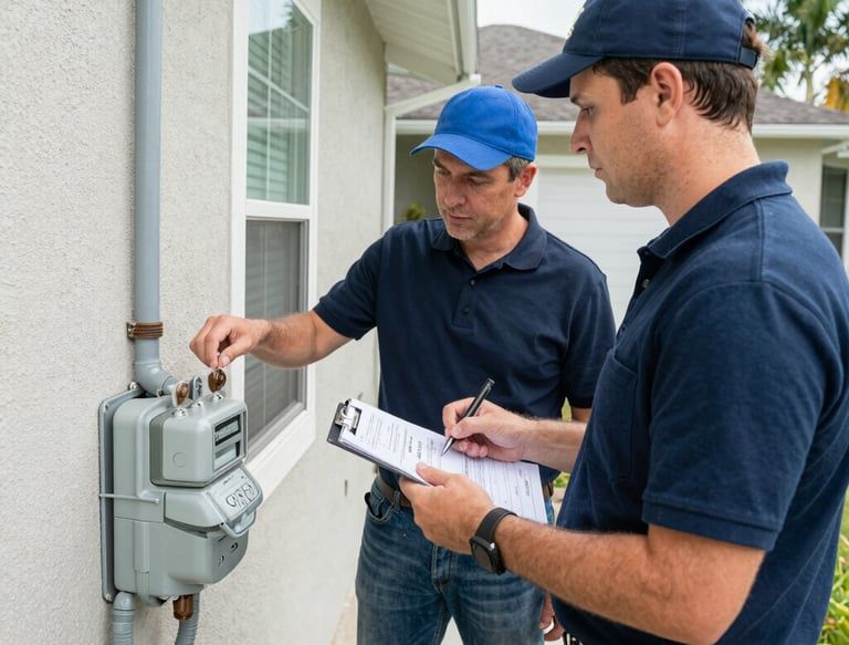 Two utility workers inspecting an outdoor electric meter beside a house