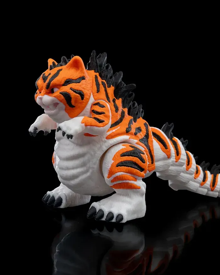 A toy tiger is sitting on a black surface