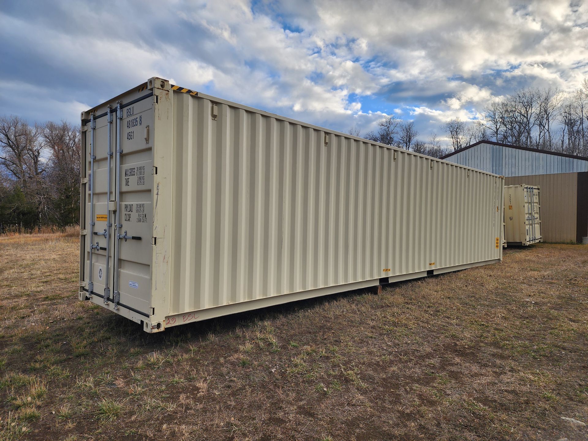 Beige shipping container in a grassy field with a cloudy sky.