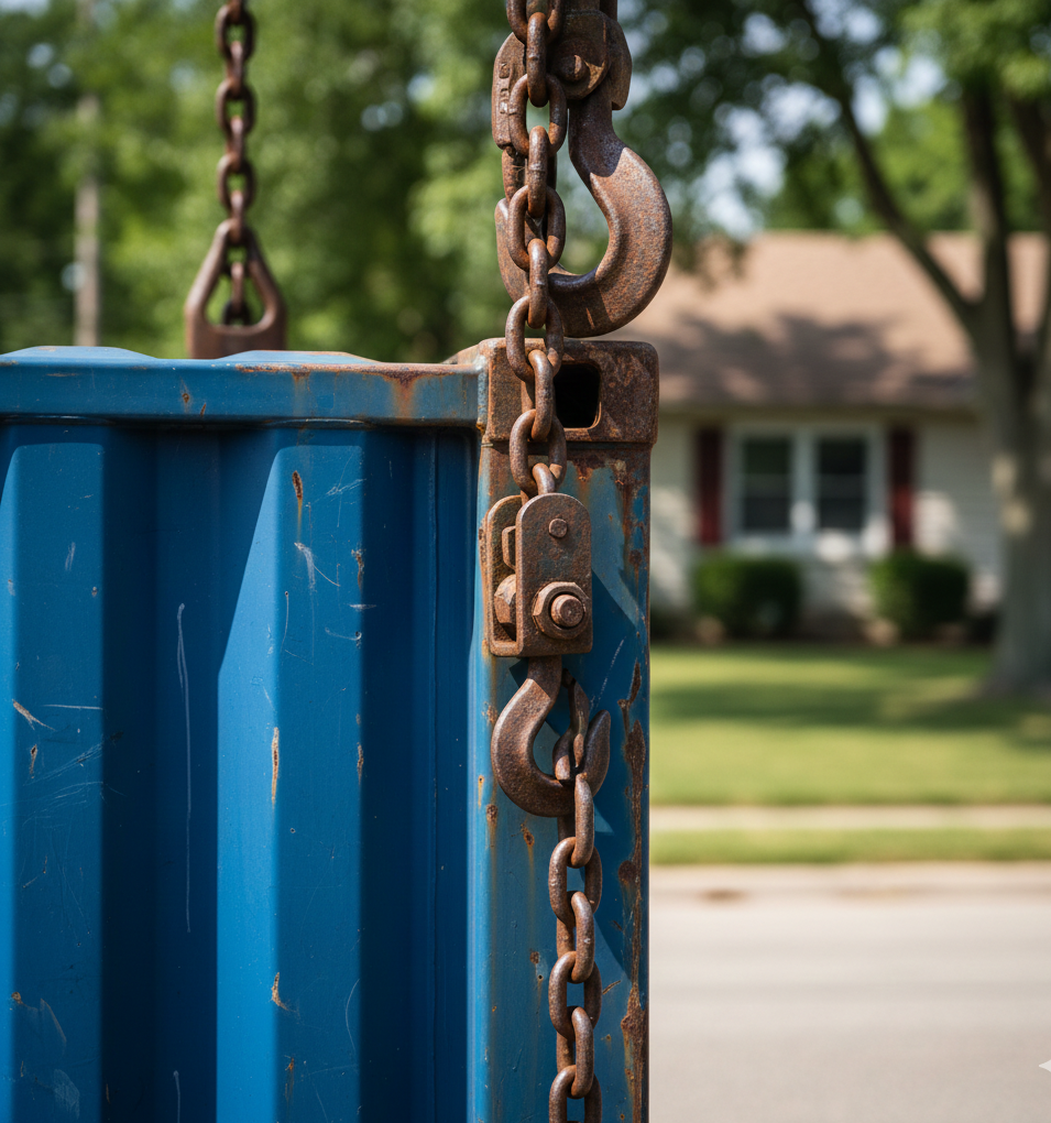Blue shipping container with rusty chains; residential setting with a house.