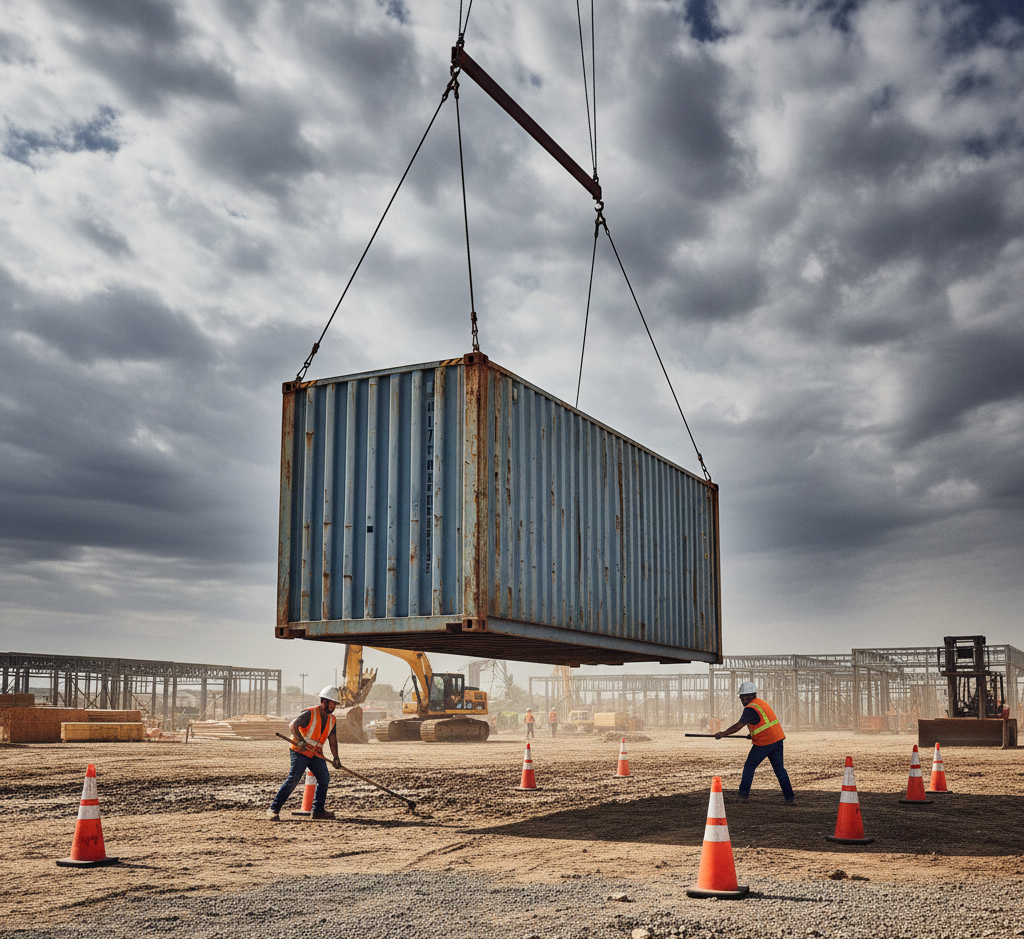 Shipping container suspended over a construction site; workers in safety vests; cloudy sky.