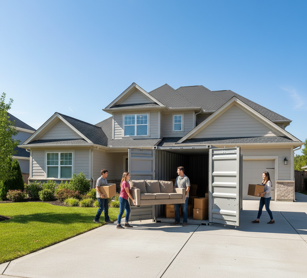 People loading furniture and boxes into a storage container in front of a house.