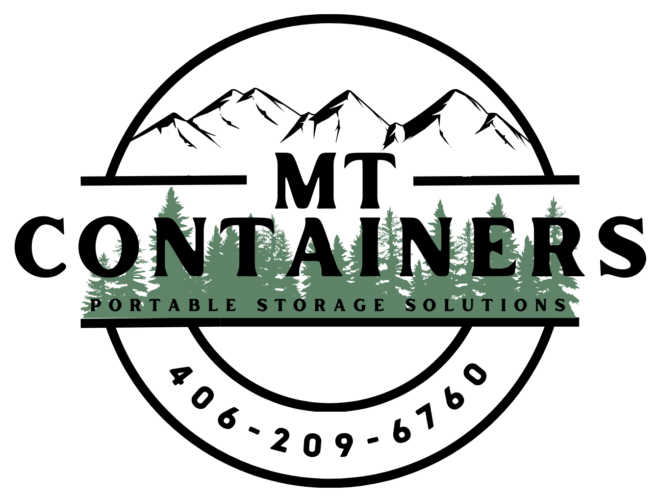 Logo for MT Containers, featuring mountains, trees, and phone number.
