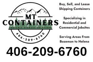 Logo for MT Containers, featuring mountains, trees, and phone number.