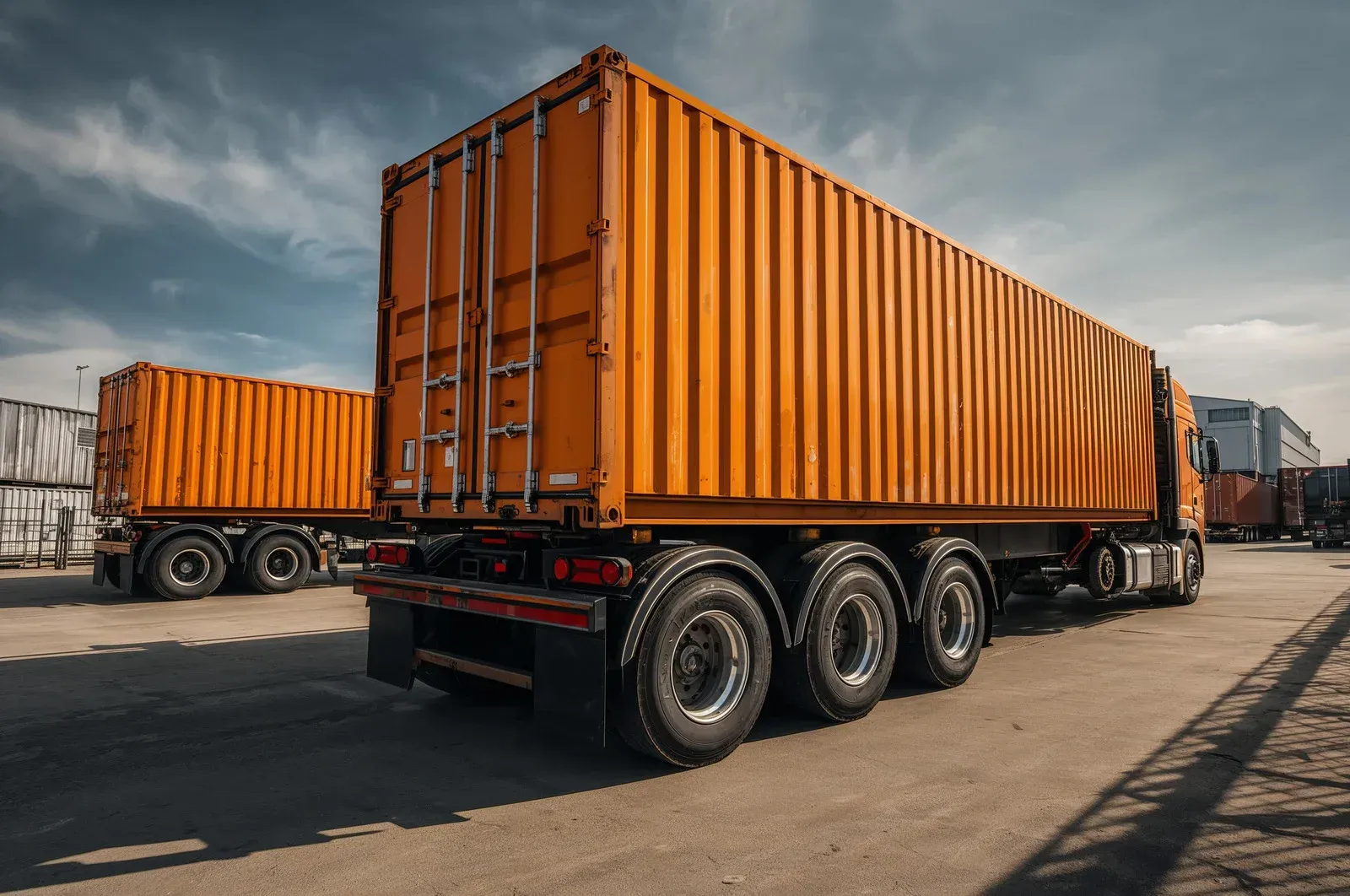 Orange shipping containers on semi-trucks parked on a paved lot under a cloudy sky.