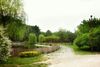 A dirt road going through a park with trees and a pond.