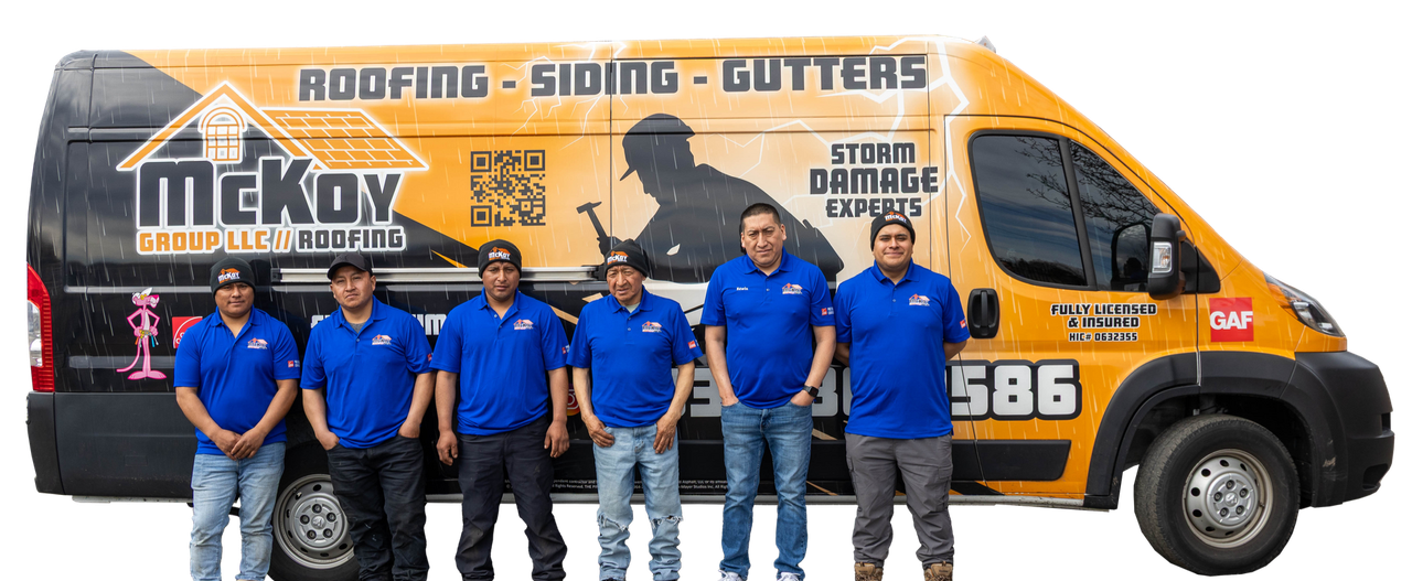 A group of men are standing in front of a yellow van.