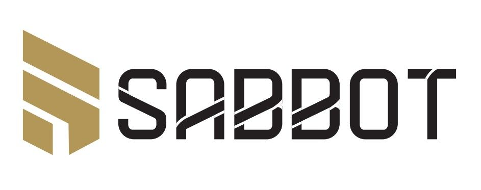 Logo for SABBOT, black text with geometric shapes, gold accents.