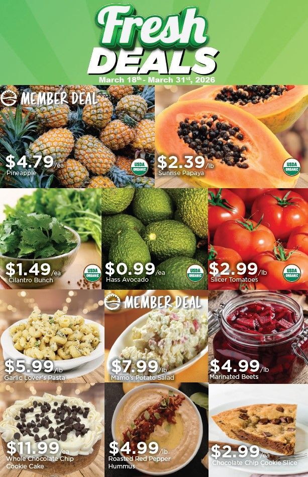 Fresh Deals Flyer Featuring Fruit, Vegetables, and Desserts