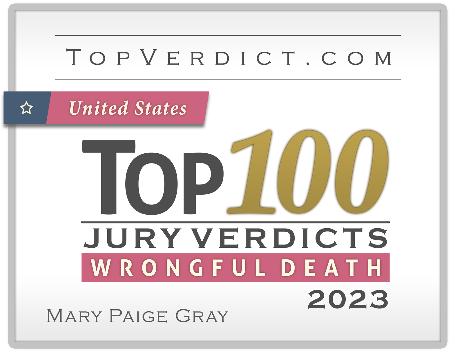 TopVerdict.com Top 100 jury verdicts for wrongful death, United States, 2023, by Mary Paige Gray