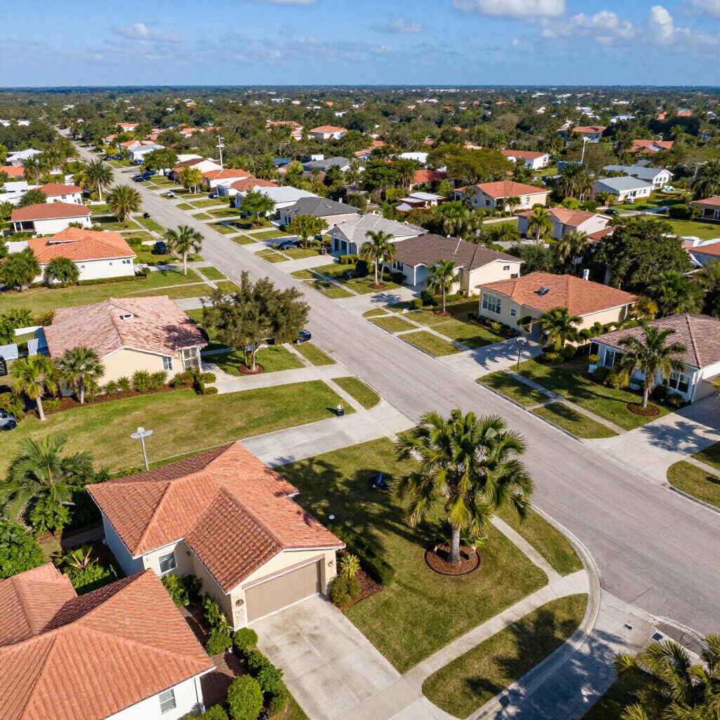 Aerial view of a suburban neighborhood with houses, streets, trees, and blue sky.