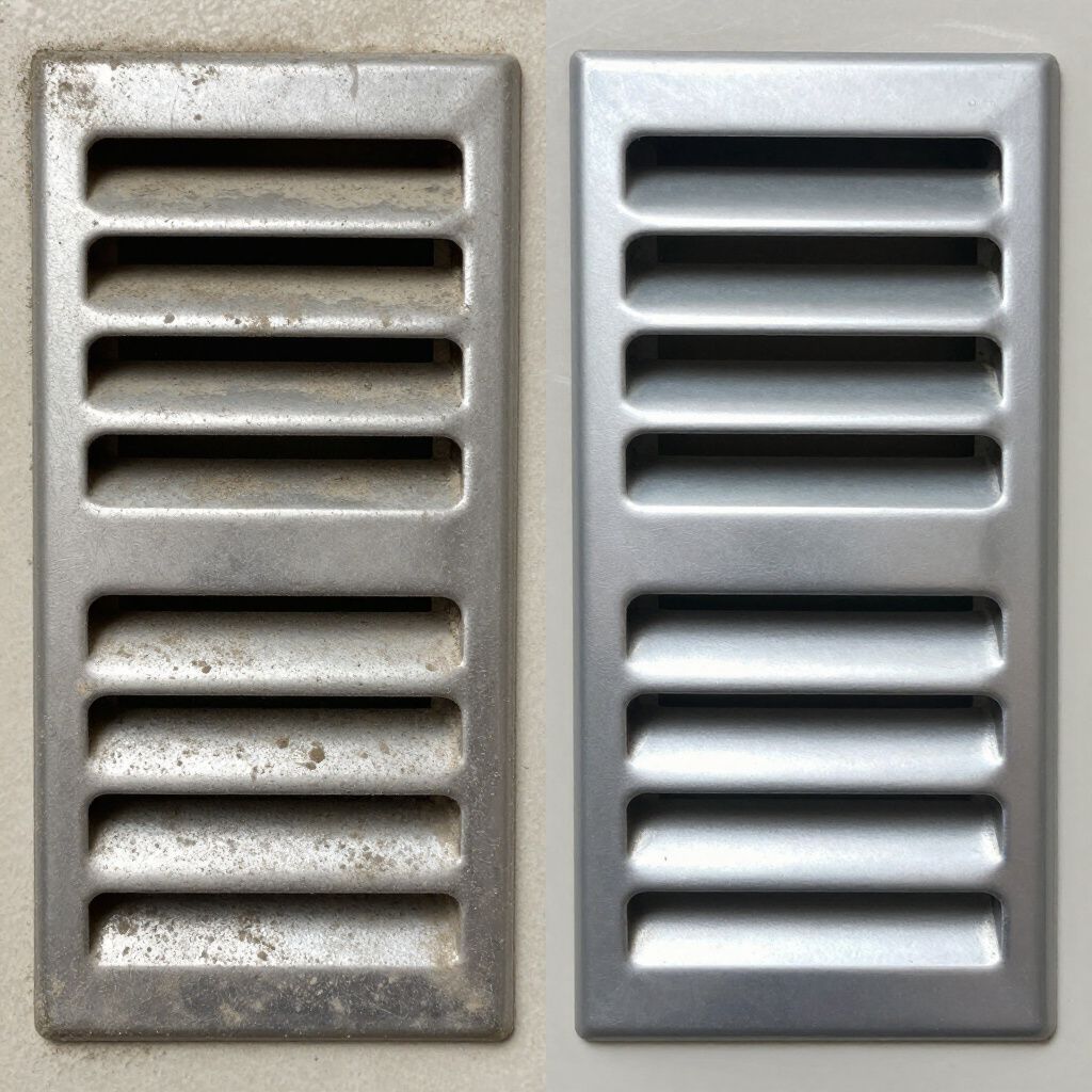 Comparison: dirty metal vent (left) versus cleaned metal vent (right).