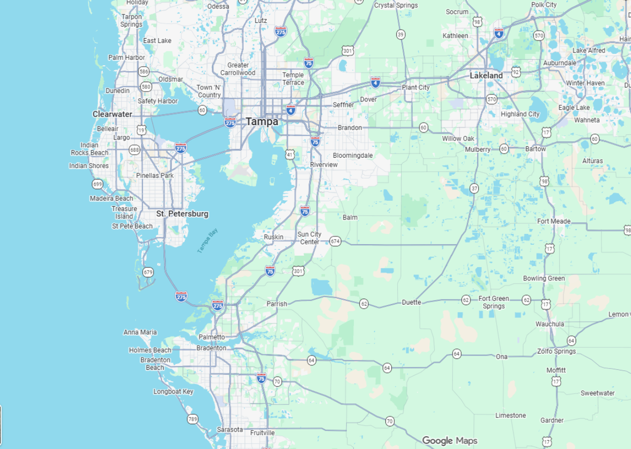 Map of Tampa Bay, Florida, with major cities and roadways. Blue water, green land, and white roads.