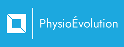 Le logo de physio evolution est bleu et blanc.
