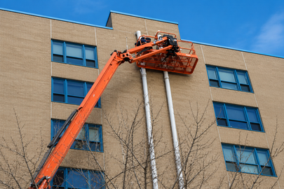 Orange aerial lift basket against a beige building, with workers near upper windows