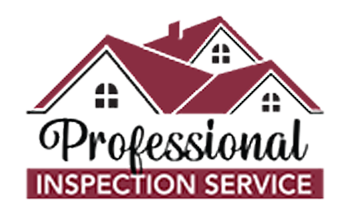Logo for Professional Inspection Service with stylized maroon house rooftops and text.