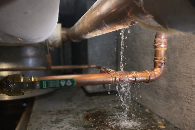 Leaking copper pipe under a sink with water dripping onto the floor