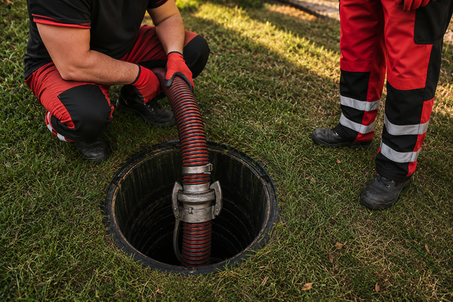 Workers in red uniforms cleaning a drain with a hose on a grassy lawn