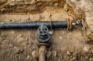 Black pipe and valve exposed in a dirt trench with an open fitting on the right