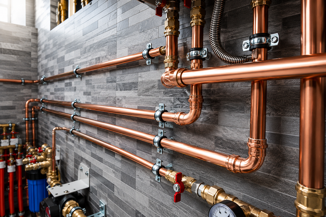 Copper pipes and valves on a gray brick wall in an industrial mechanical room