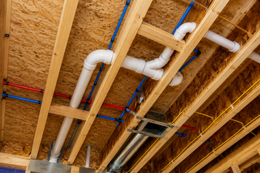 Exposed ceiling framing with plumbing pipes and electrical wiring in a building under construction