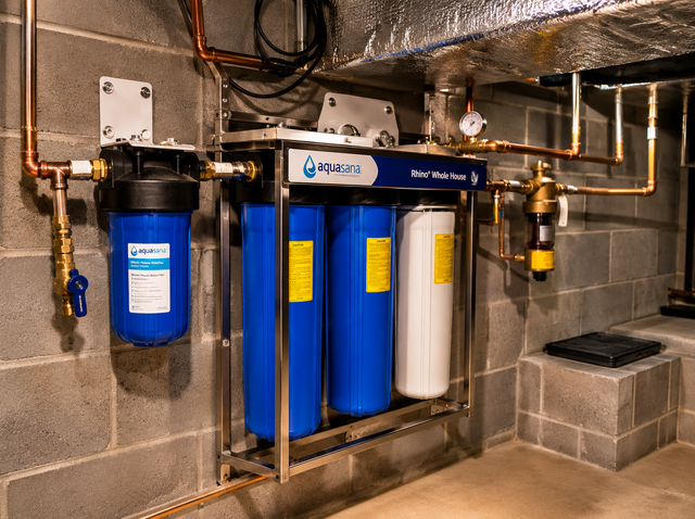 Basement water filtration system with blue and white tanks, pipes, and valves mounted on a concrete wall