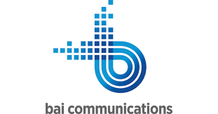 BAI Communications logo: Blue pixelated design with swirling circles, 