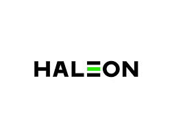 Haleon logo with black text and green stacked lines replacing the 