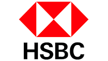 HSBC logo: Red and white geometric shape above black 